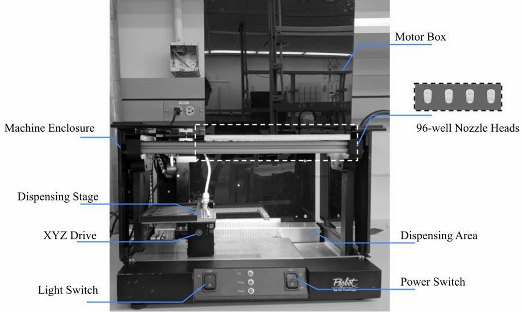 Front view of hydrogel dispenser with stage in home position